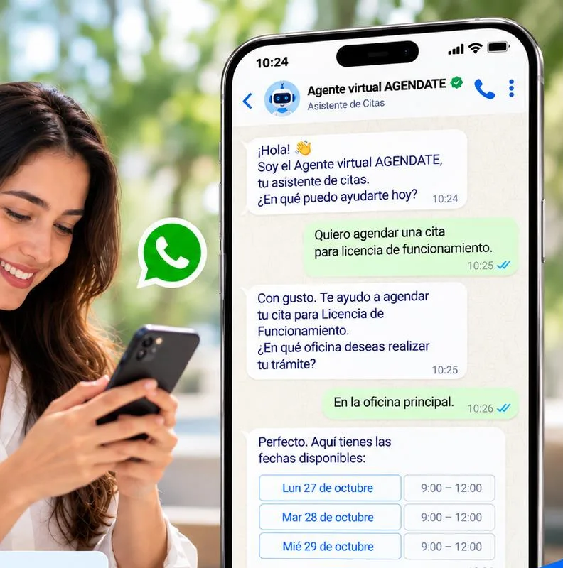 Agente virtual AGENDATE atendiendo por WhatsApp